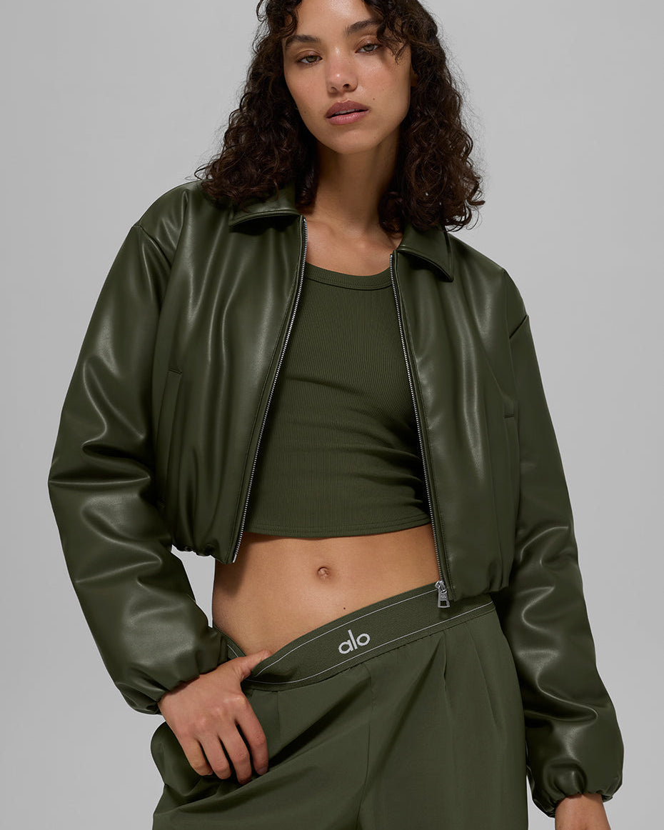 Faux Leather Cropped Premier Bomber - Green Olive