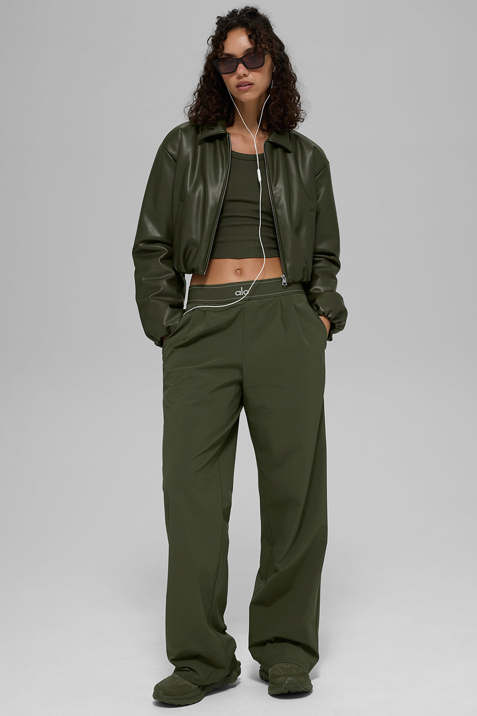 Faux Leather Cropped Premier Bomber - Green Olive