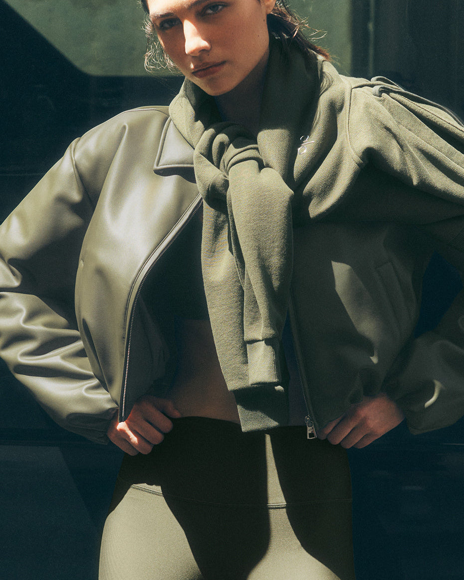 Faux Leather Cropped Premier Bomber - Green Olive