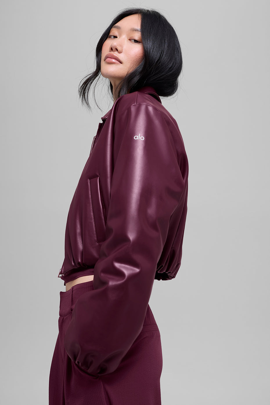 Faux Leather Cropped Premier Bomber - Burgundy