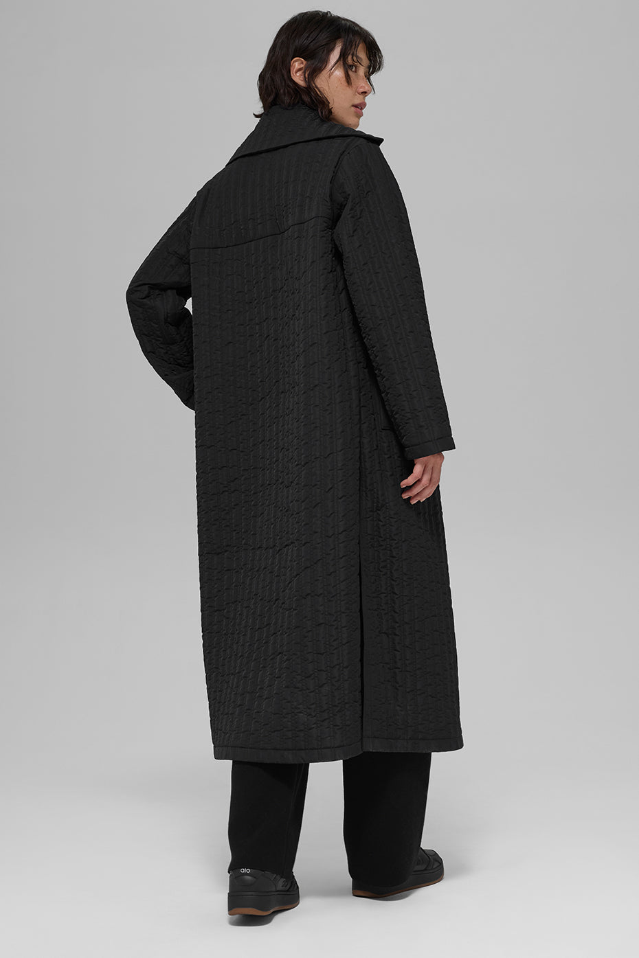 Quilted Skyline Long Coat - Black
