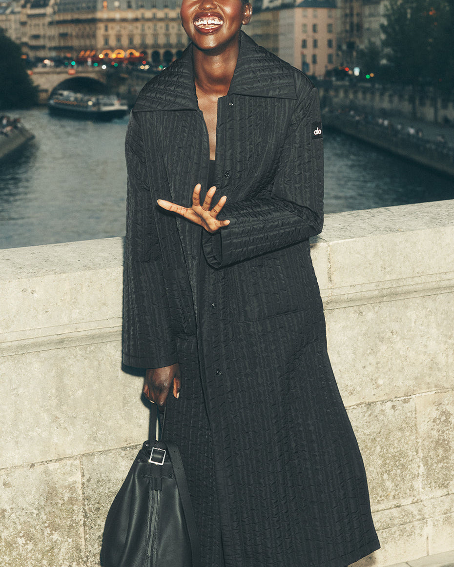 Quilted Skyline Long Coat - Black
