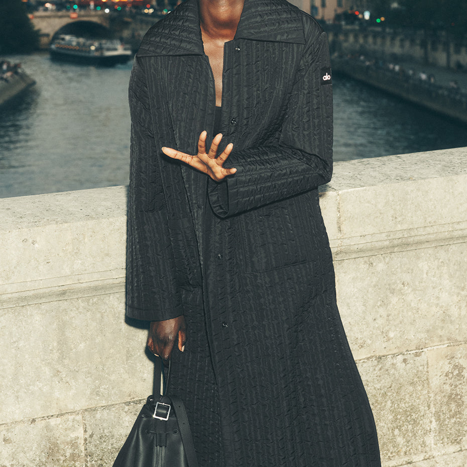 Quilted Skyline Long Coat - Black