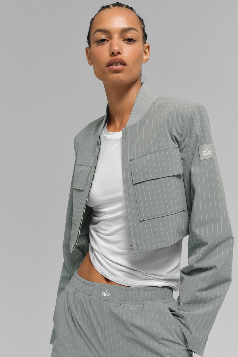 Cropped Pinstripe Main Character Full Zip Jacket - Lunar Grey/White
