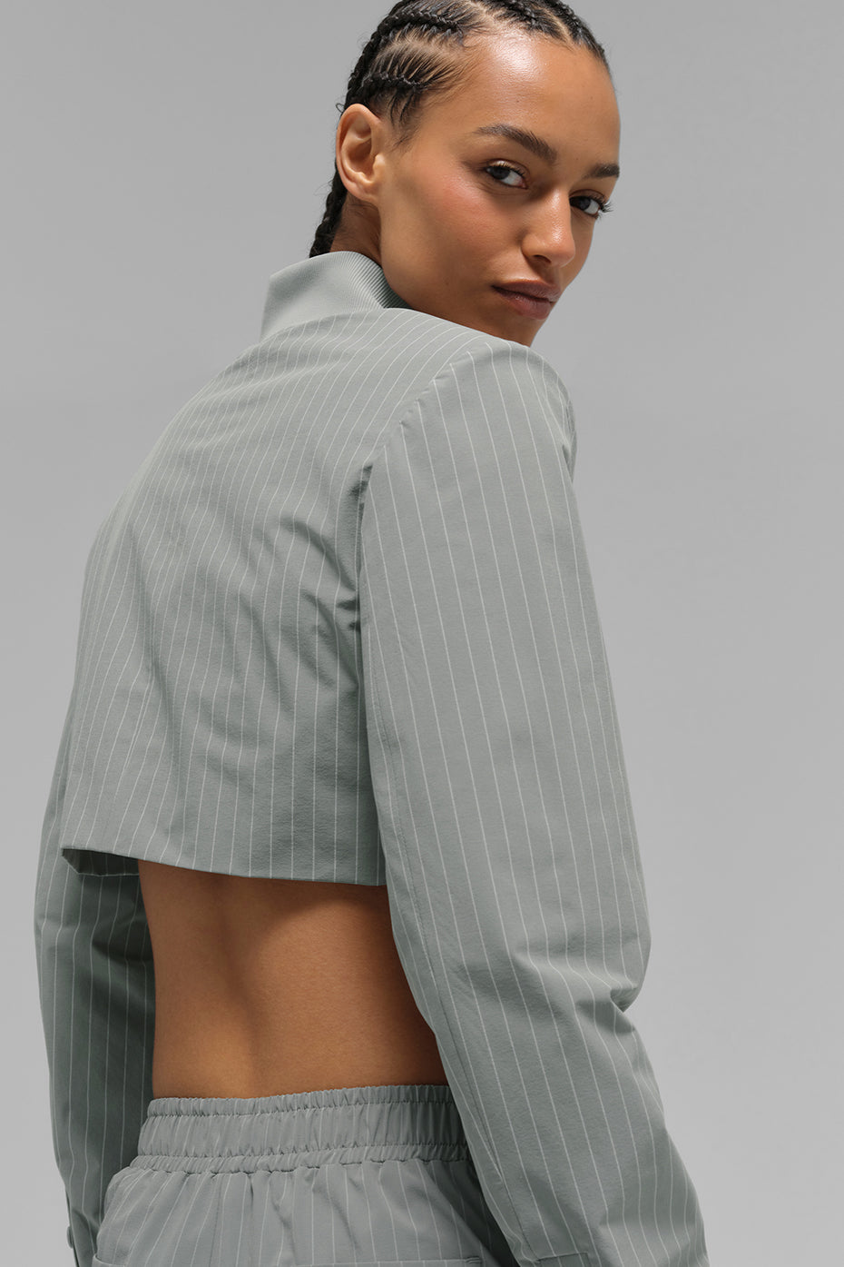 Cropped Pinstripe Main Character Full Zip Jacket - Lunar Grey/White