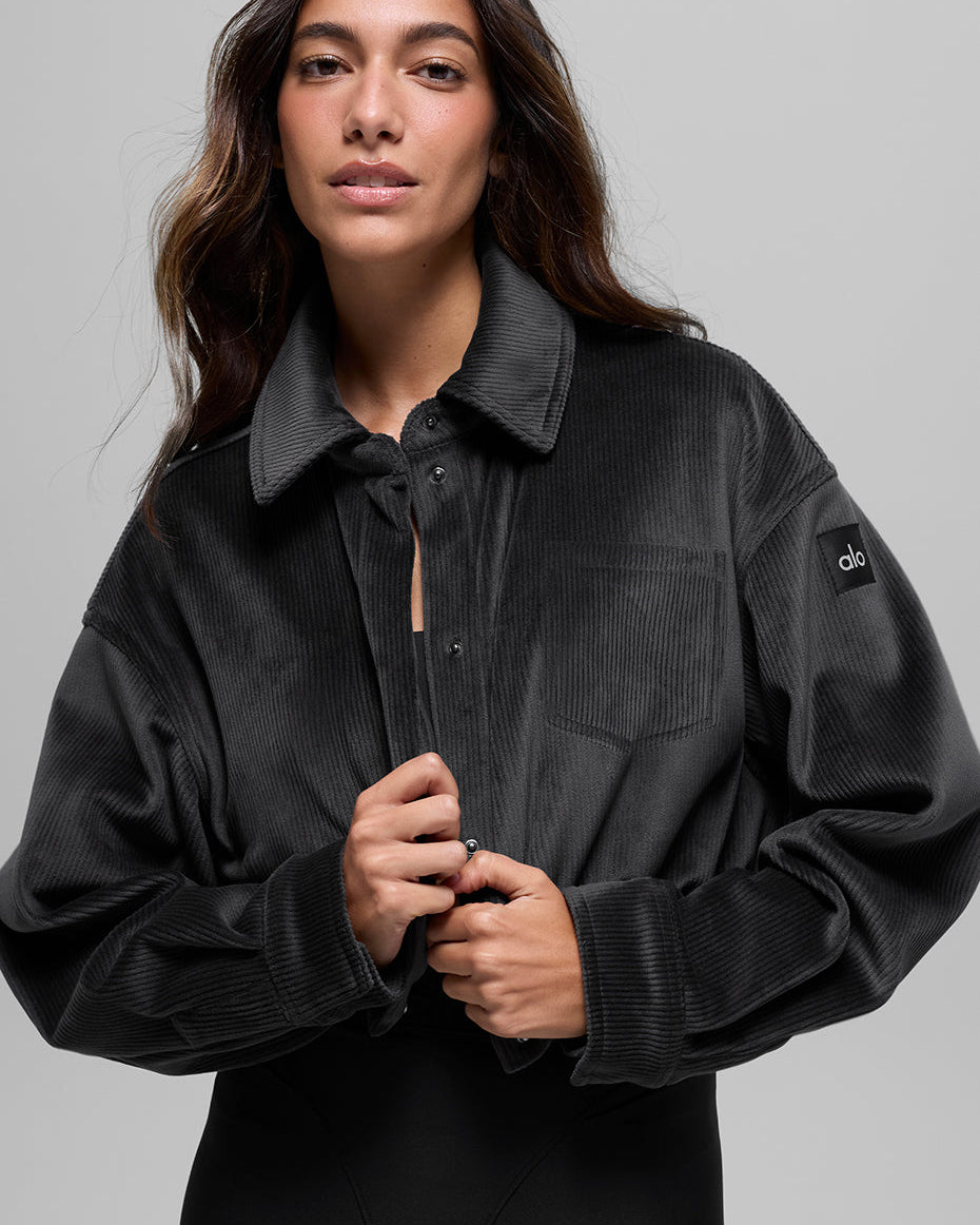 Ribbed Velour Cropped Mountain Side Jacket - Black