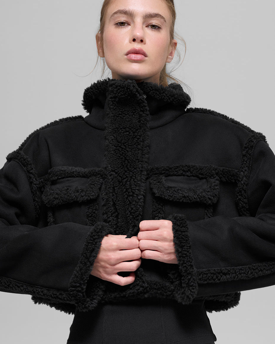 Faux Shearling Snowfall Cropped Jacket - Black