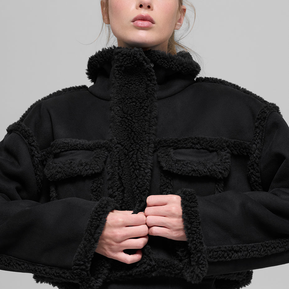 Faux Shearling Snowfall Cropped Jacket - Black