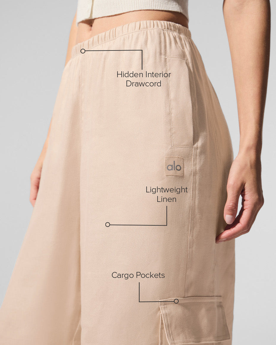 Linen Getaway Cargo Wide Leg Pant - Macadamia