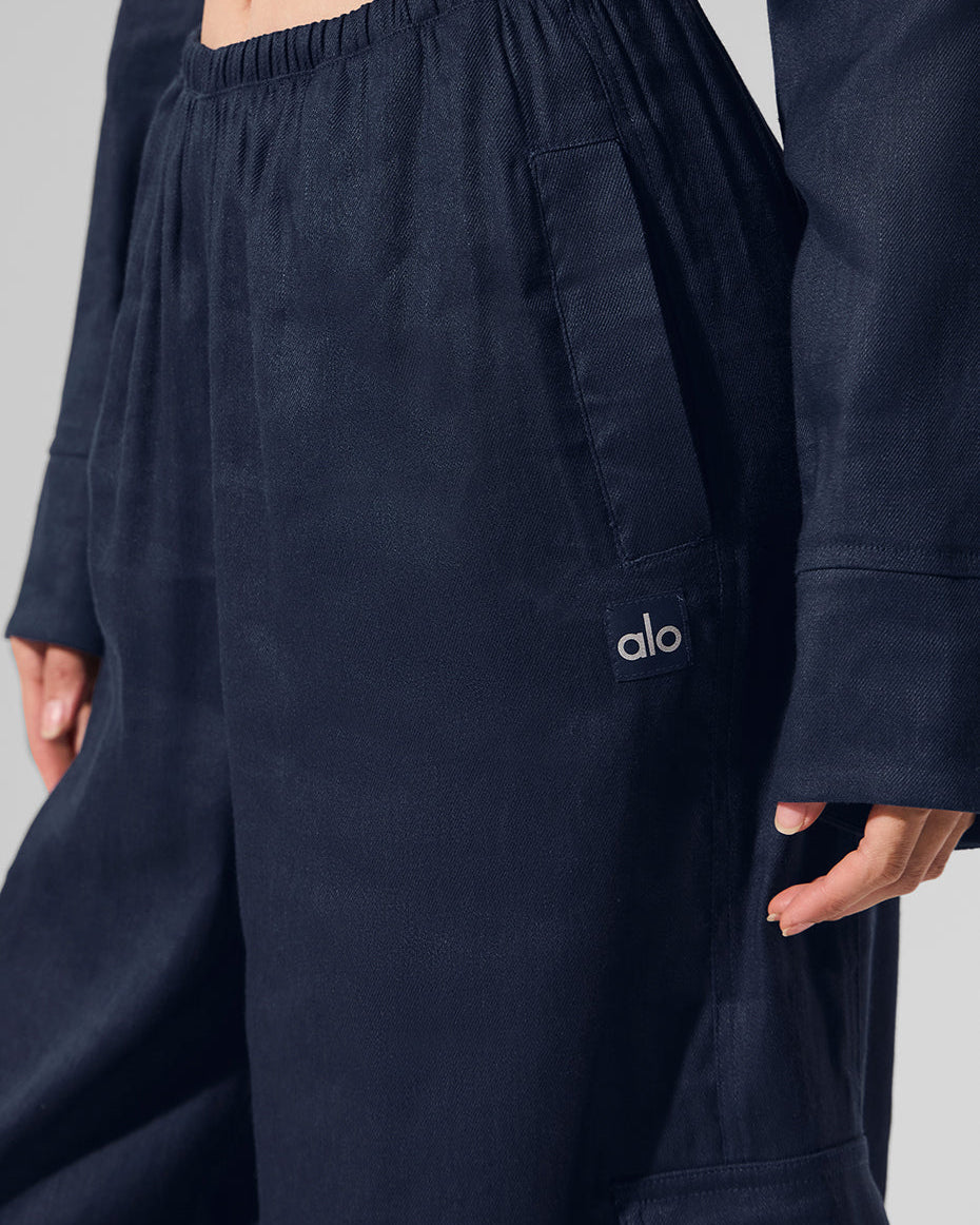 Linen Getaway Cargo Wide Leg Pant - Navy