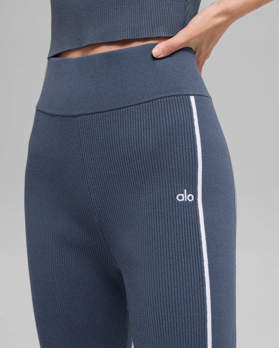 Ribbed Sweater Knit Highline Flare Pant - Bluestone/White