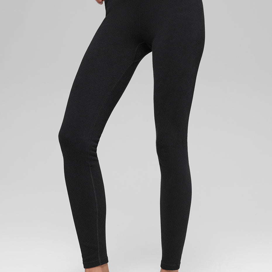 Seamless High-Waist Two Tone Rib Legging - Black
