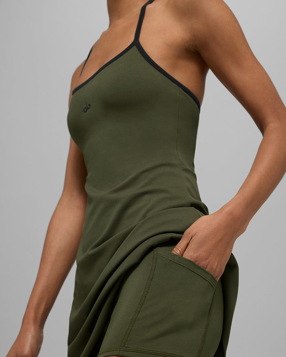 ALO Softsculpt Halter Tennis Dress - Green Olive/Black