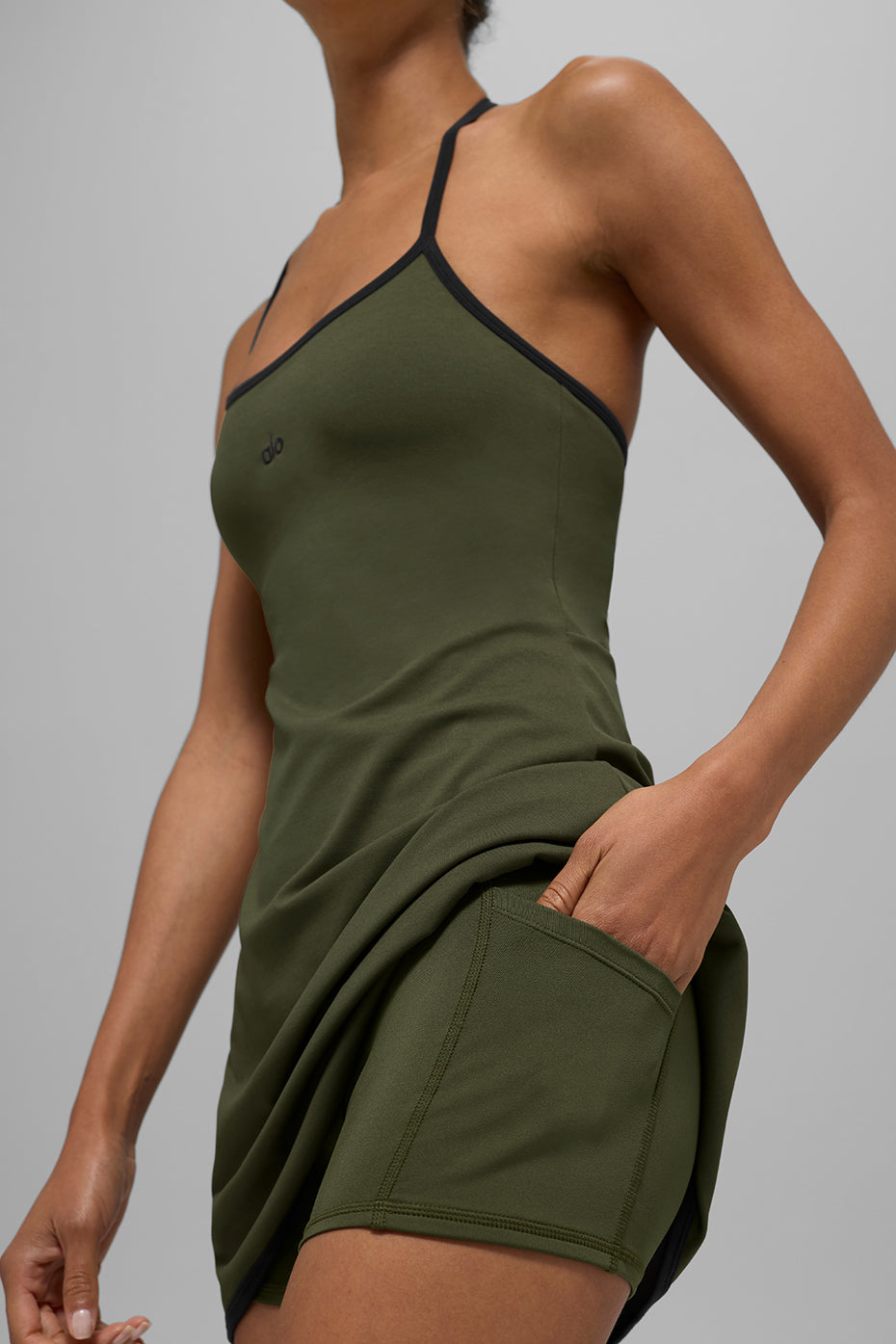 ALO Softsculpt Halter Tennis Dress - Green Olive/Black