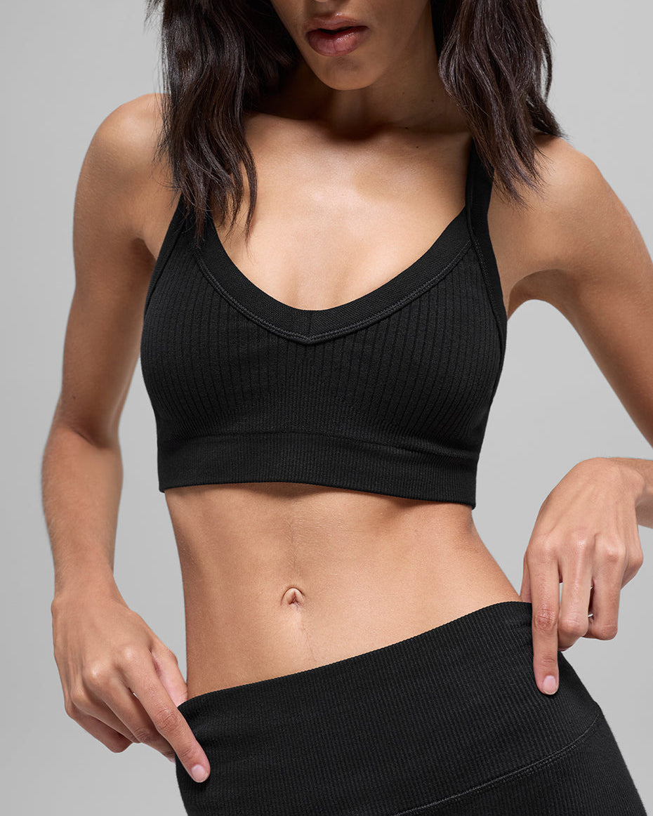 Seamless Two Tone Rib Bra - Black