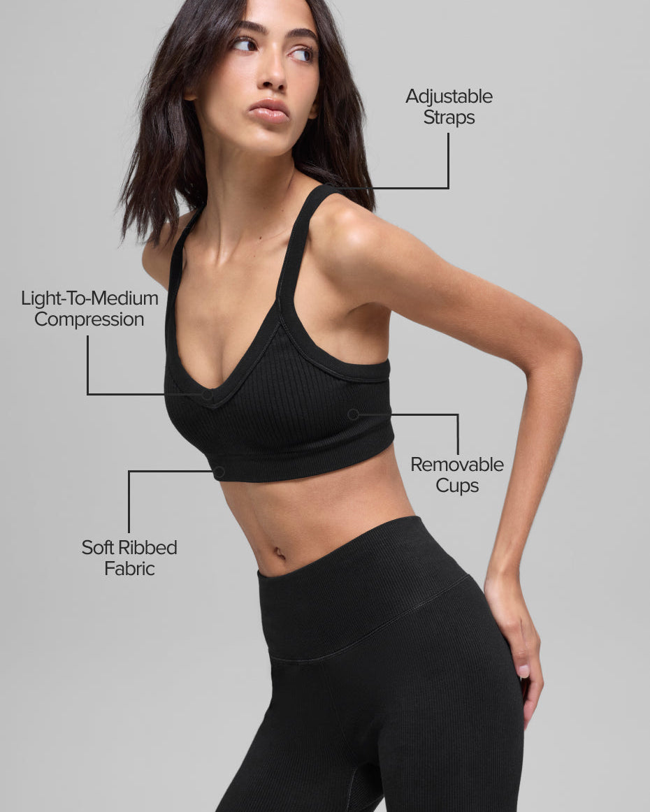 Seamless Two Tone Rib Bra - Black