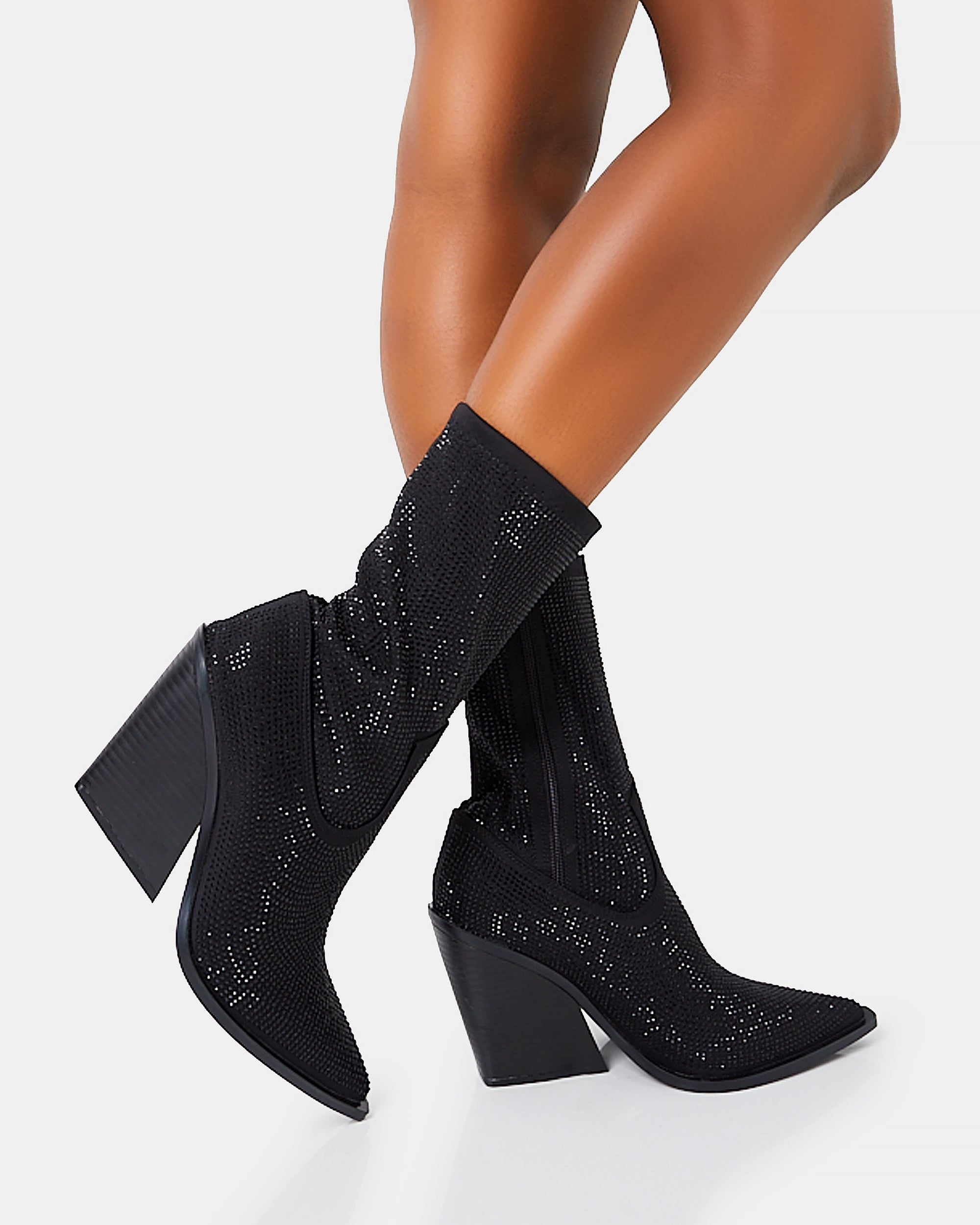 Wild One Black Diamante Western Cowboy Pointed Toe Block Heel Ankle Boots