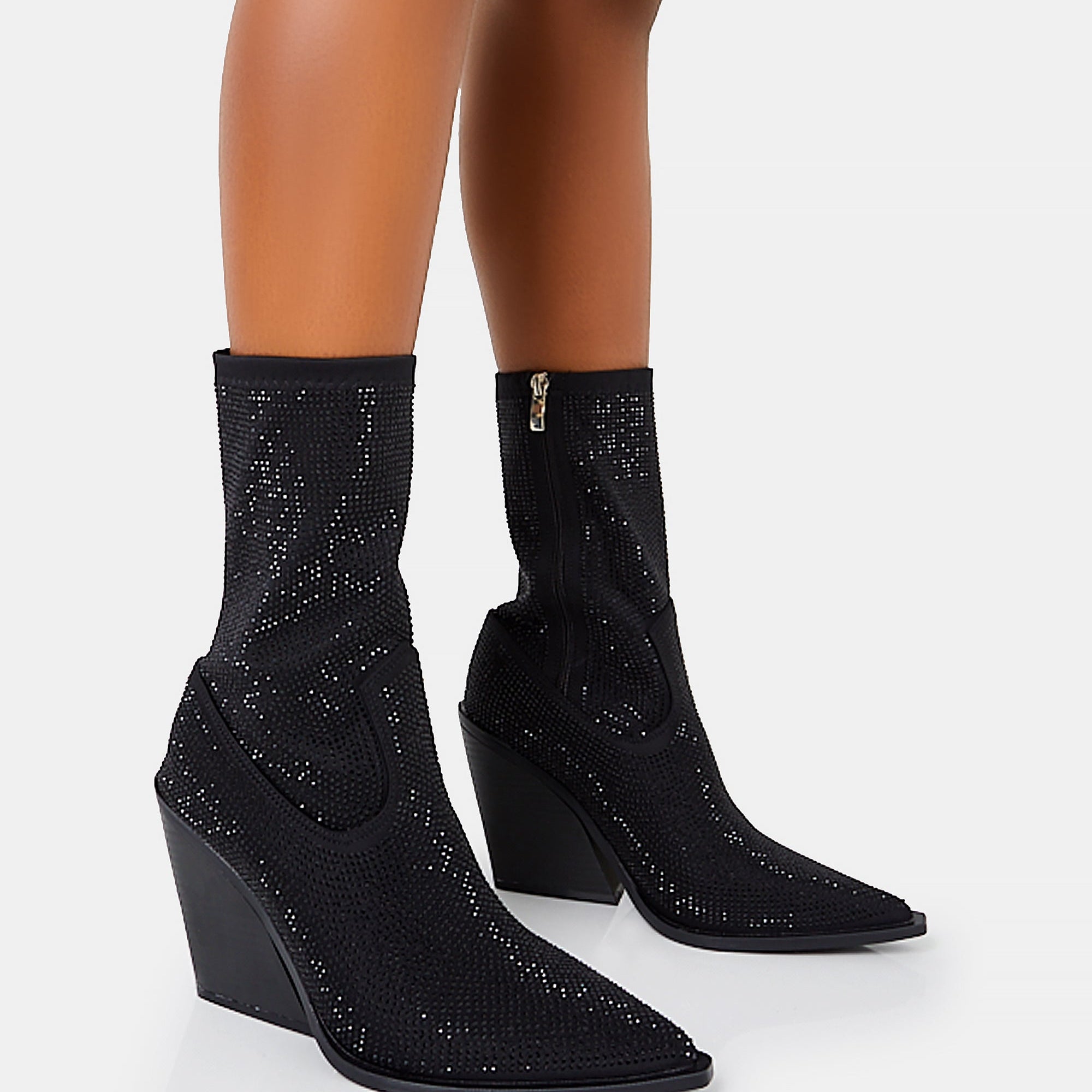 Wild One Black Diamante Western Cowboy Pointed Toe Block Heel Ankle Boots