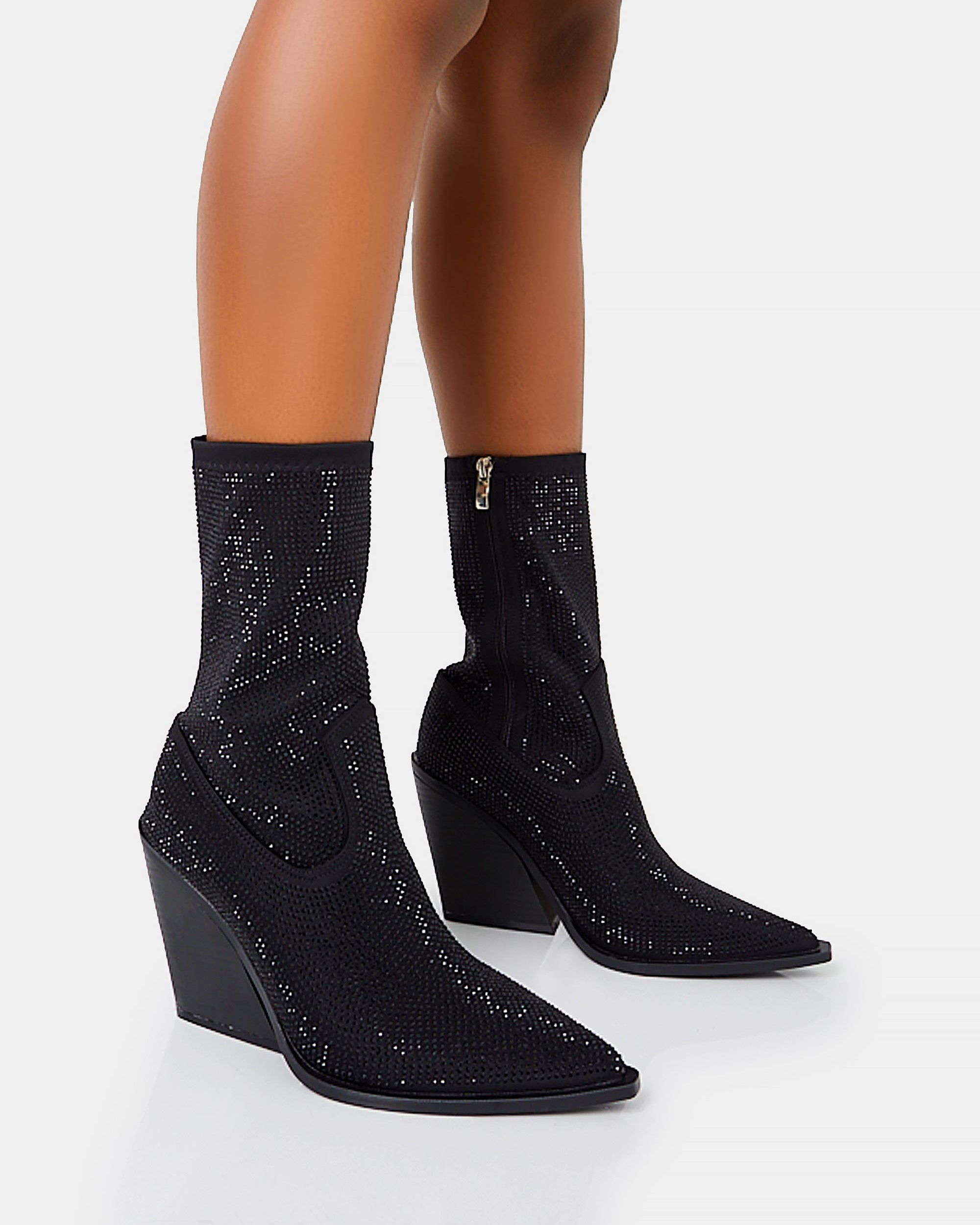 Wild One Black Diamante Western Cowboy Pointed Toe Block Heel Ankle Boots