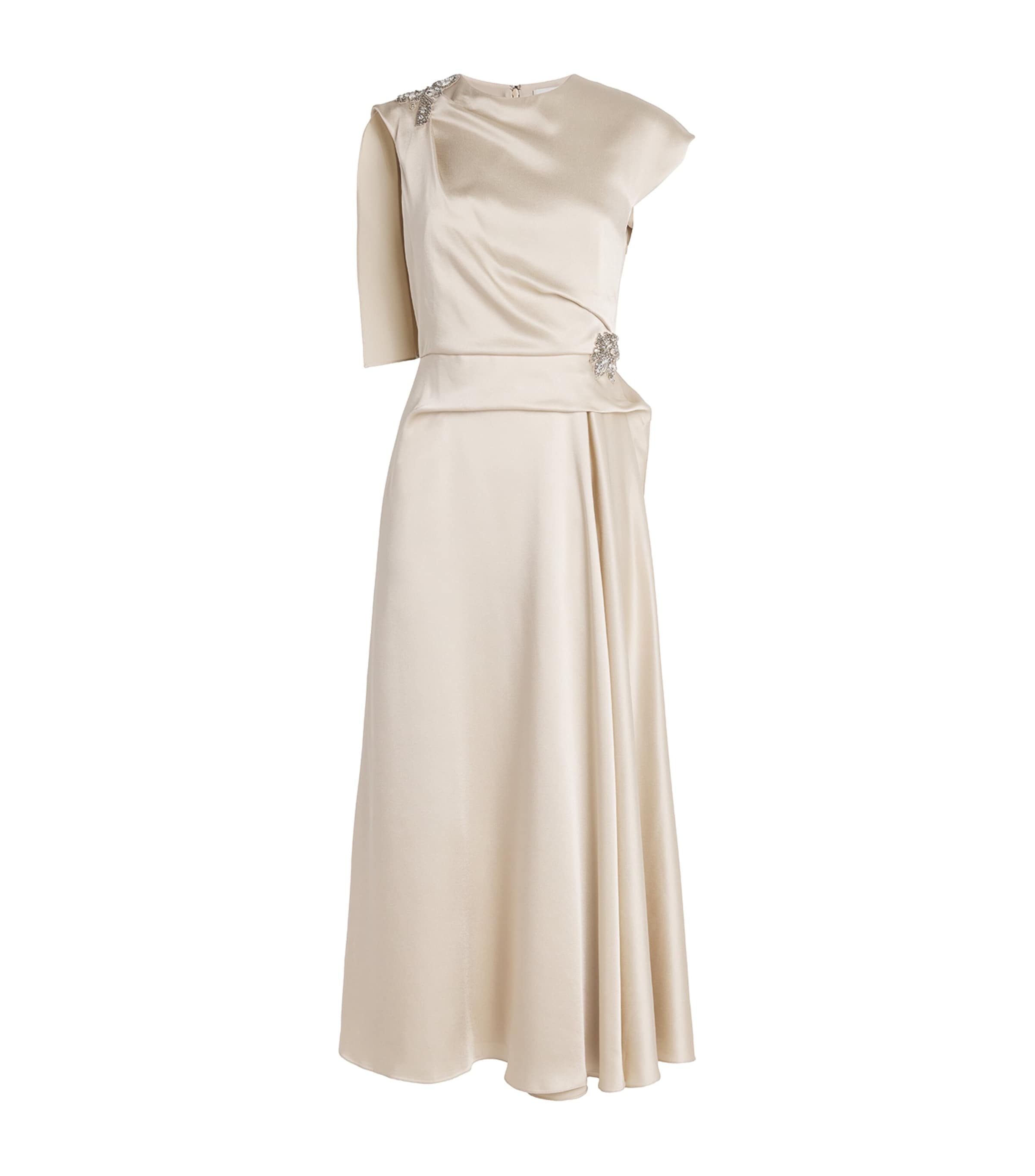 Erdem Gold Satin Cady Embellished Draped Midi Dress