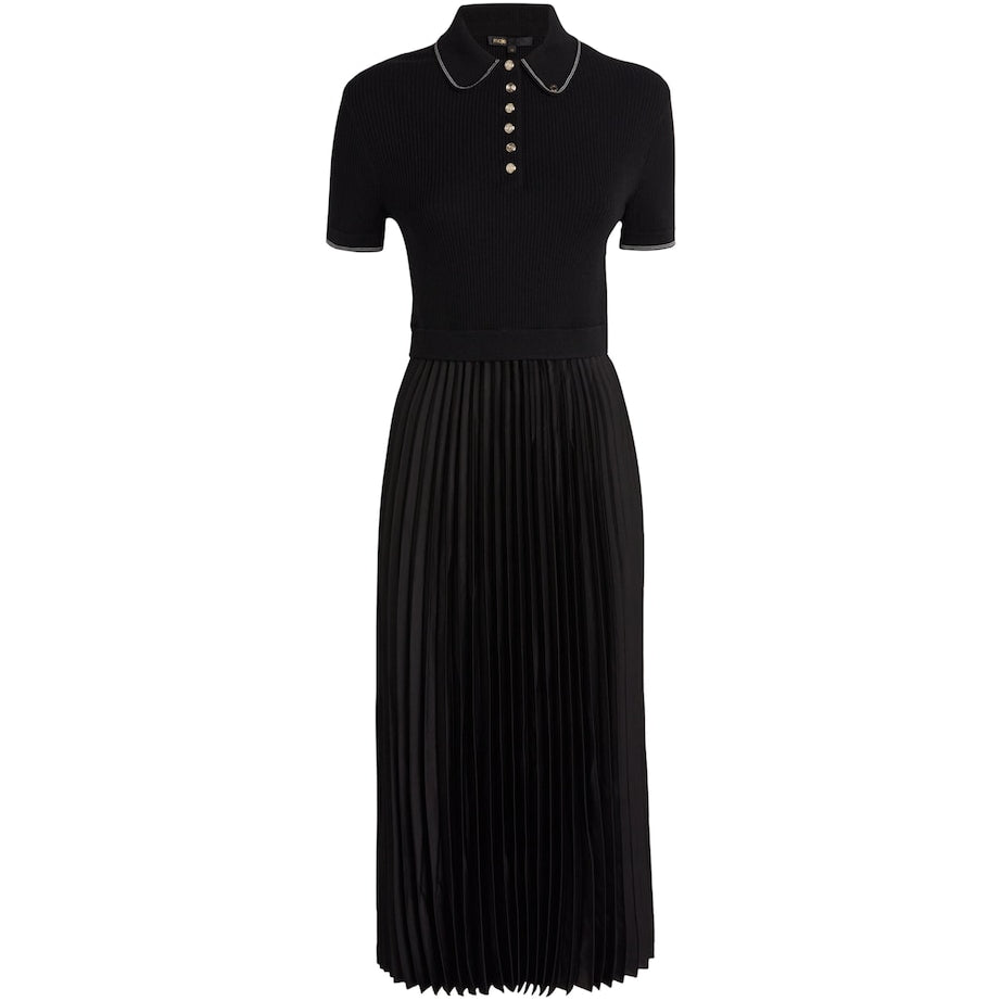 Maje Black Pleated-Skirt Polo Midi Dress