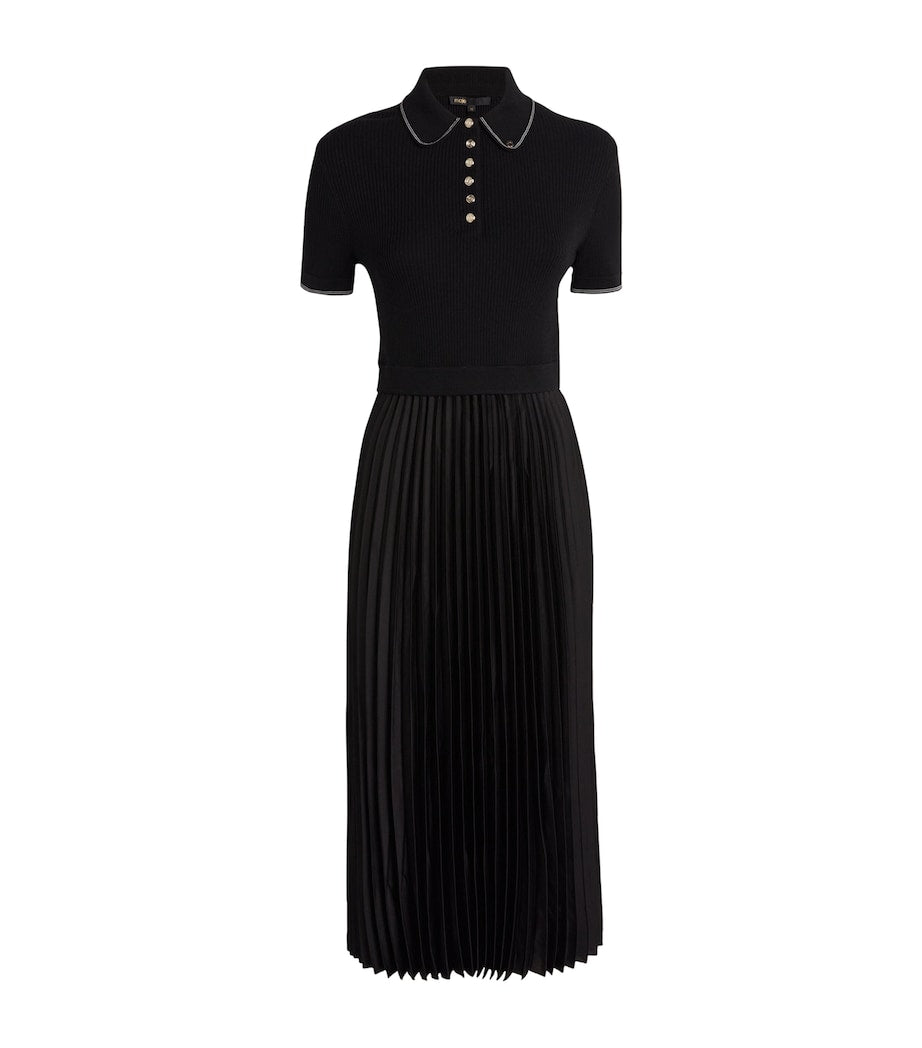 Maje Black Pleated-Skirt Polo Midi Dress
