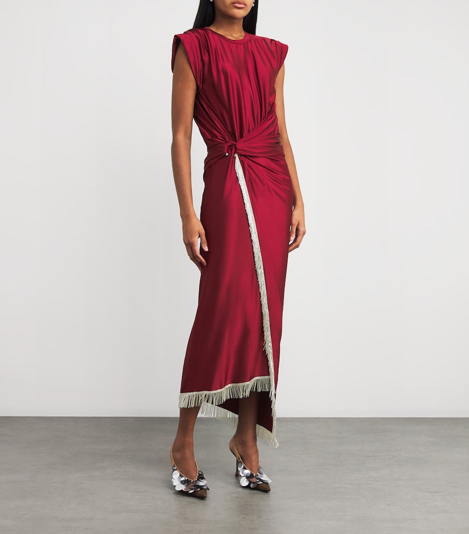 Paco Rabanne Red Tasselled Ring-Gathered Midi Dress