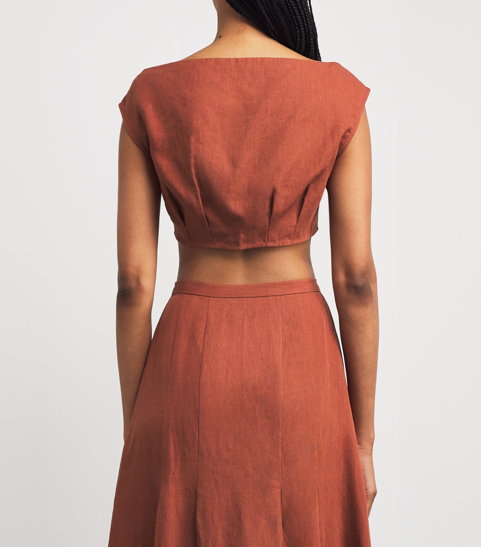 Le Kasha Red Linen Coin-Detail Tamra Crop Top
