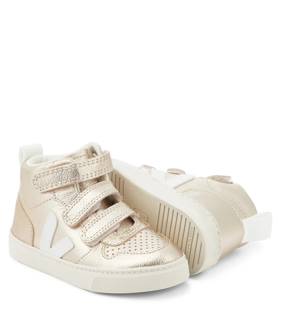 Veja Kids - حذاء رياضي V-10 Mid من الجلد المعدني للأطفال