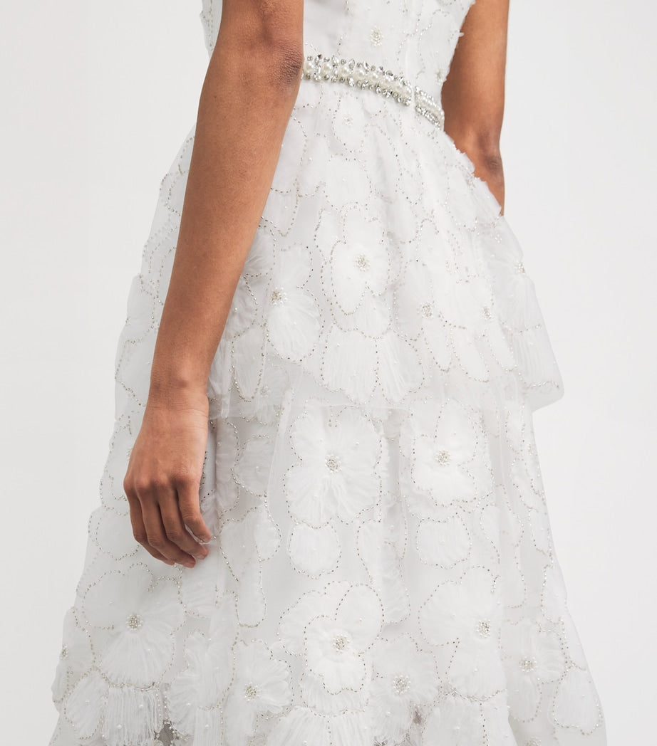 Self-Portrait White Tulle Embellished Tiered Midi Dress