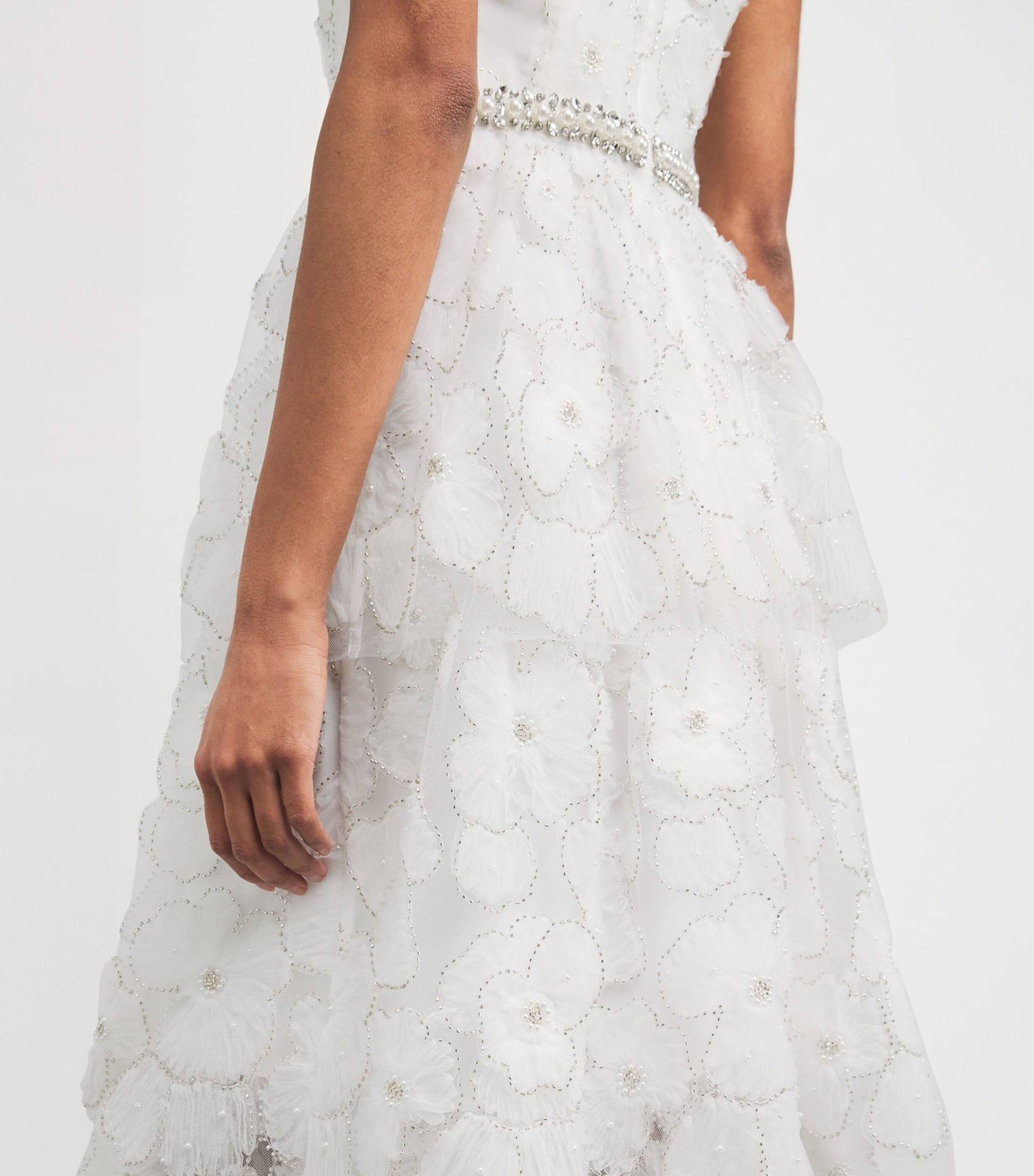 Self-Portrait White Tulle Embellished Tiered Midi Dress