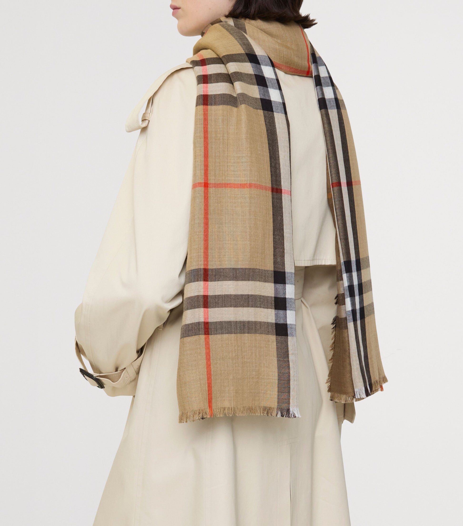 Beige Wool-Silk Reversible Check Scarf