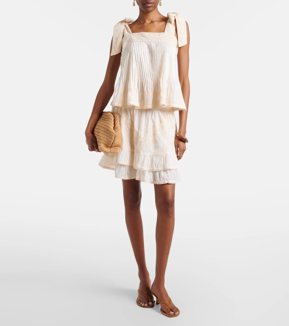 Juliet Dunn - Ruffled lace-trimmed cotton miniskirt