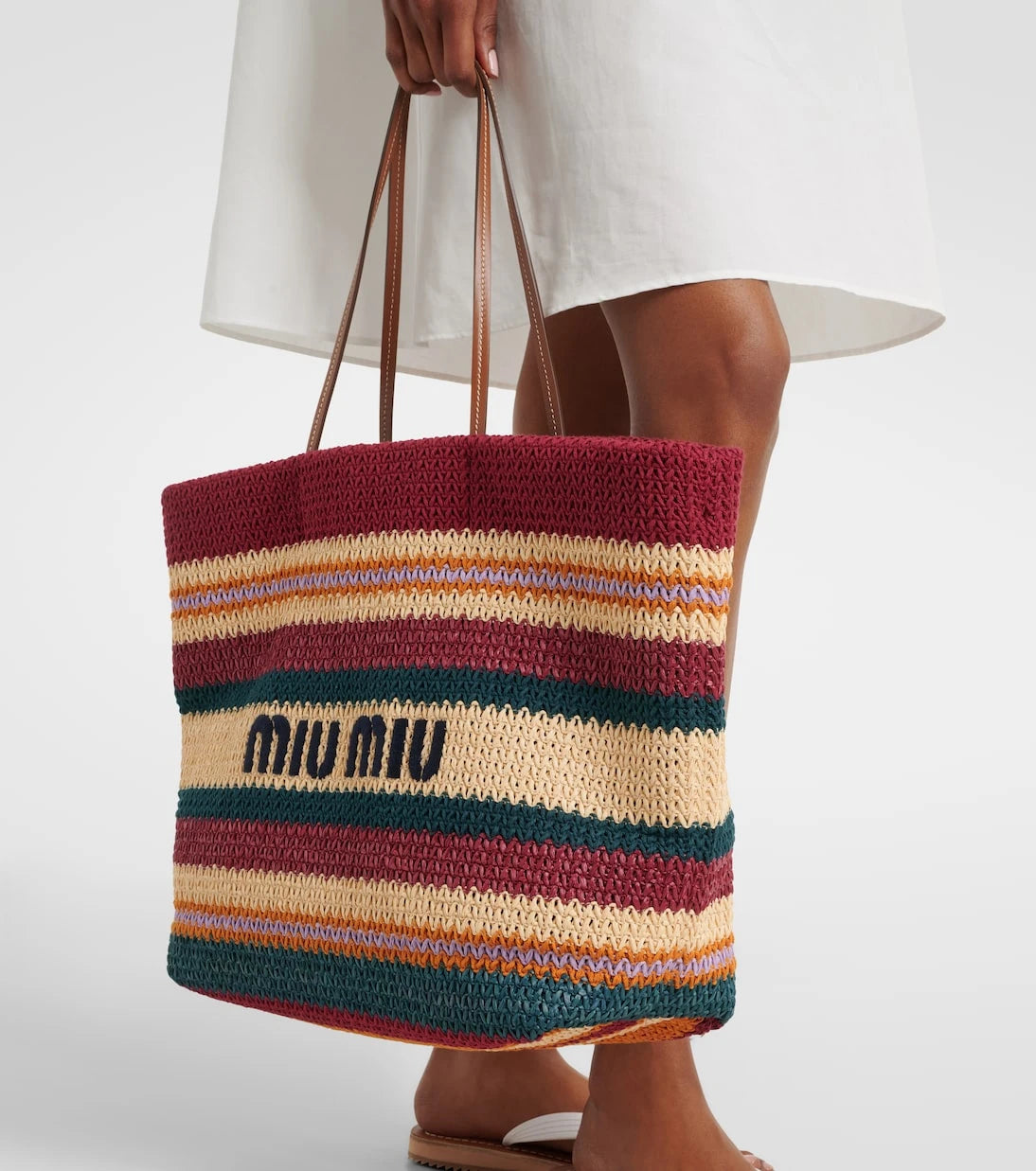 Miu Miu - Striped woven raffia-effect tote bag