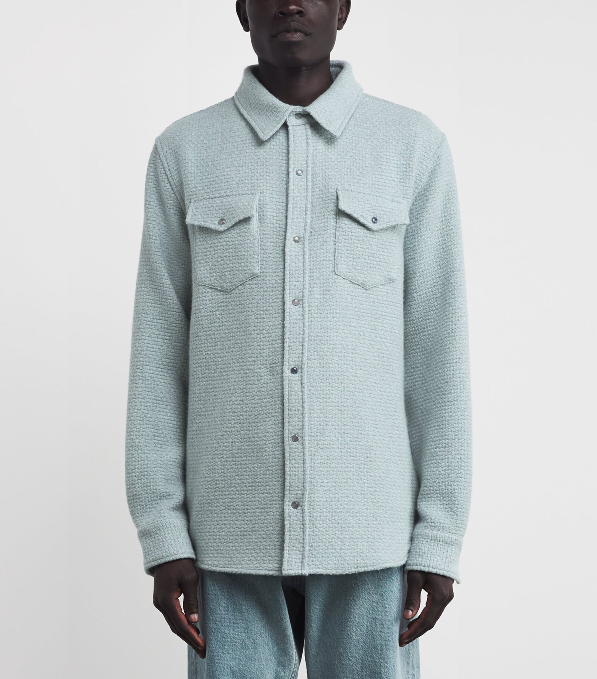 Blue Cashmere Waffle-Knit Overshirt