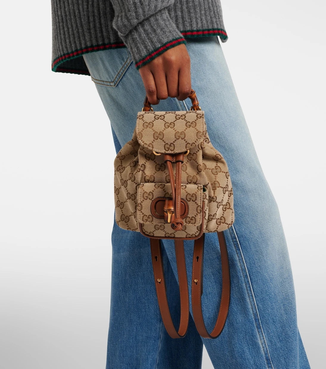 Gucci - Bamboo Orta boy deri detaylı kanvas sırt çantası