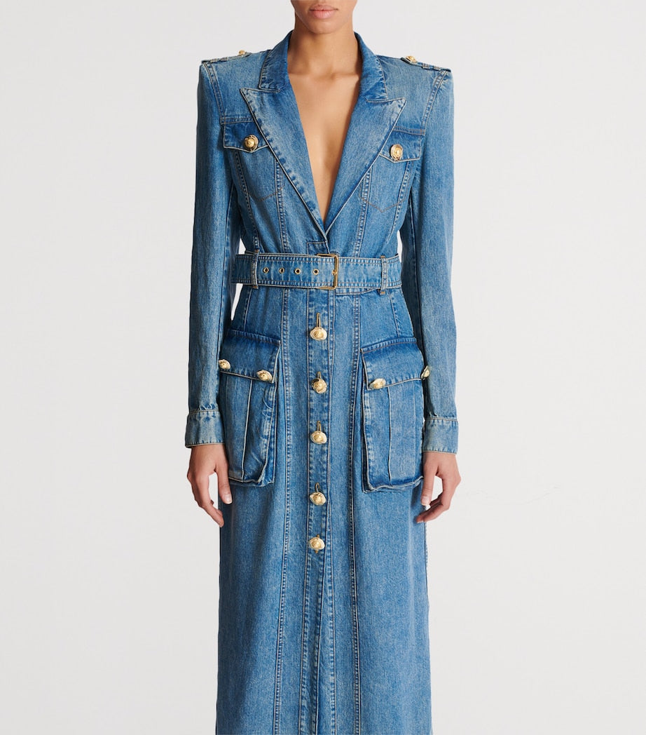 Blue Denim Belted Maxi Dress