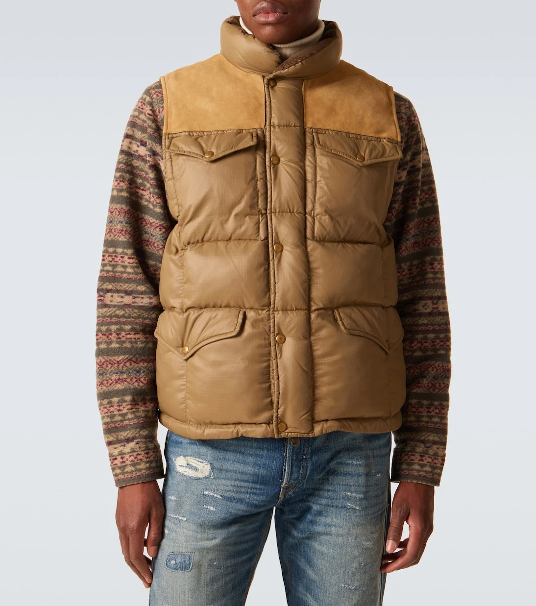 RRL - Leather-trimmed ripstop puffer vest