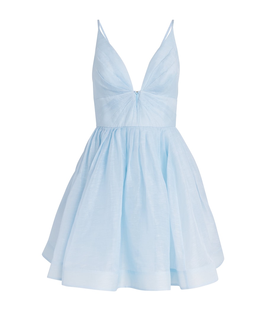 Blue Linen-Silk Plunge-Neck Mini Dress