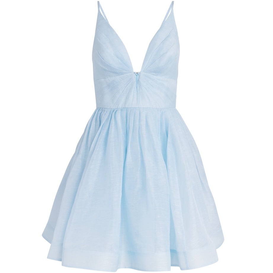 Blue Linen-Silk Plunge-Neck Mini Dress