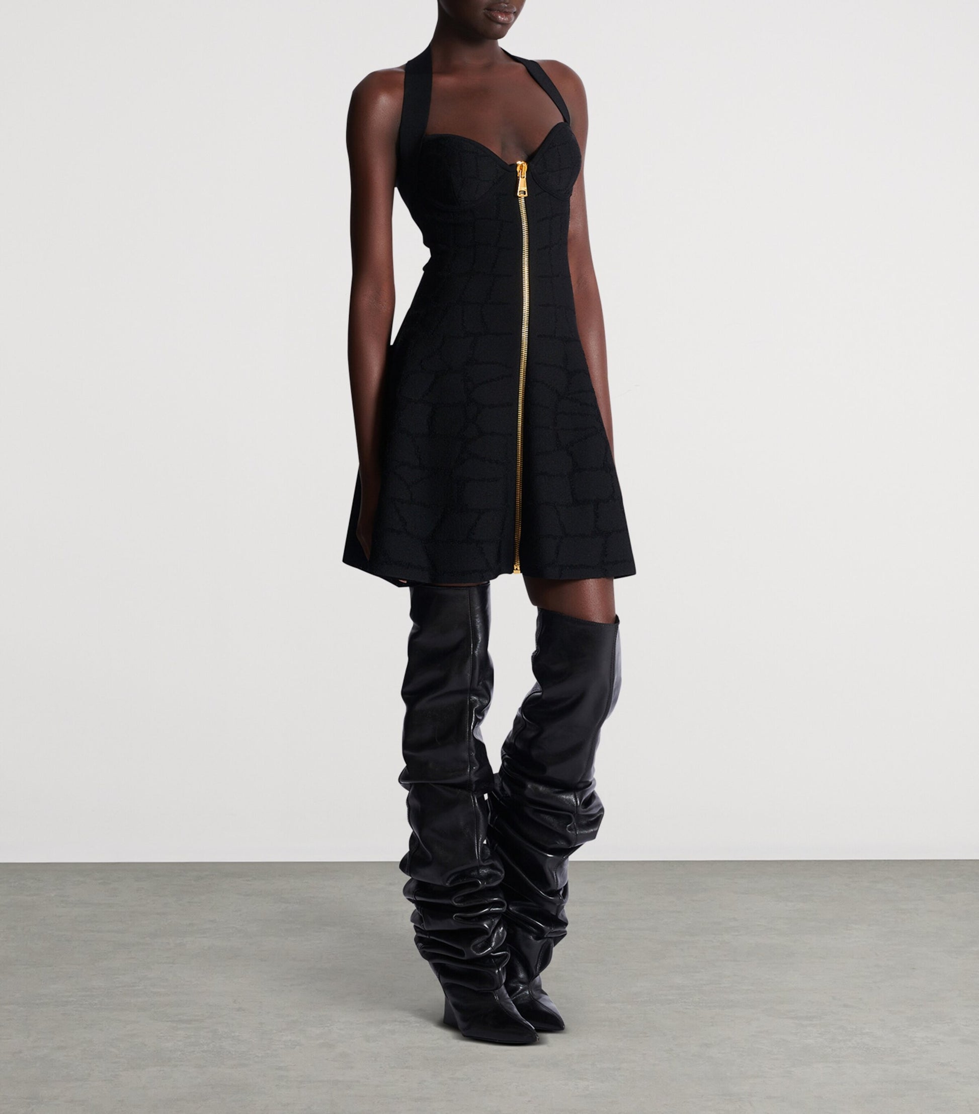 Black Croc-Effect Halterneck Mini Dress