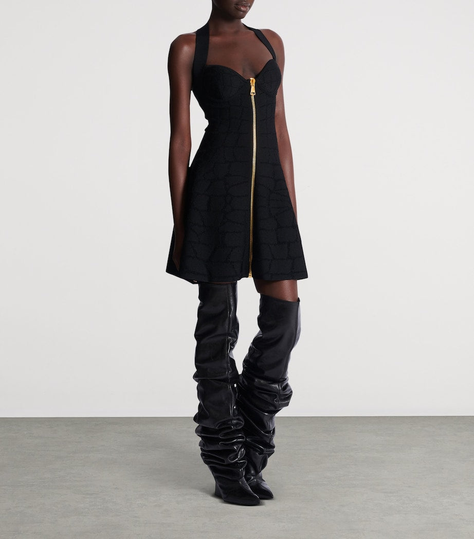 Balmain Black Croc-Effect Halterneck Mini Dress