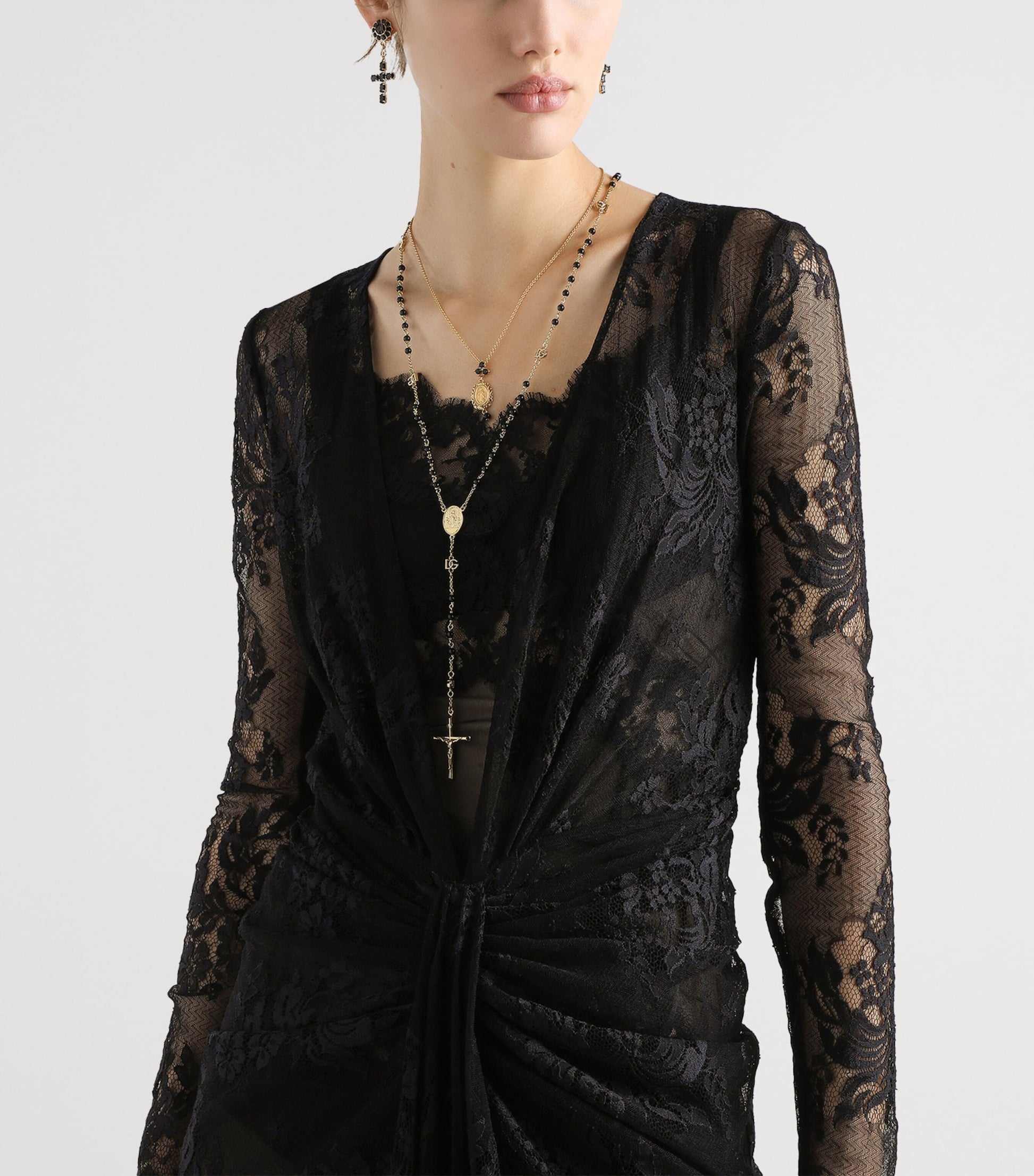 Dolce & Gabbana Multi Lace Gathered Midi Dress