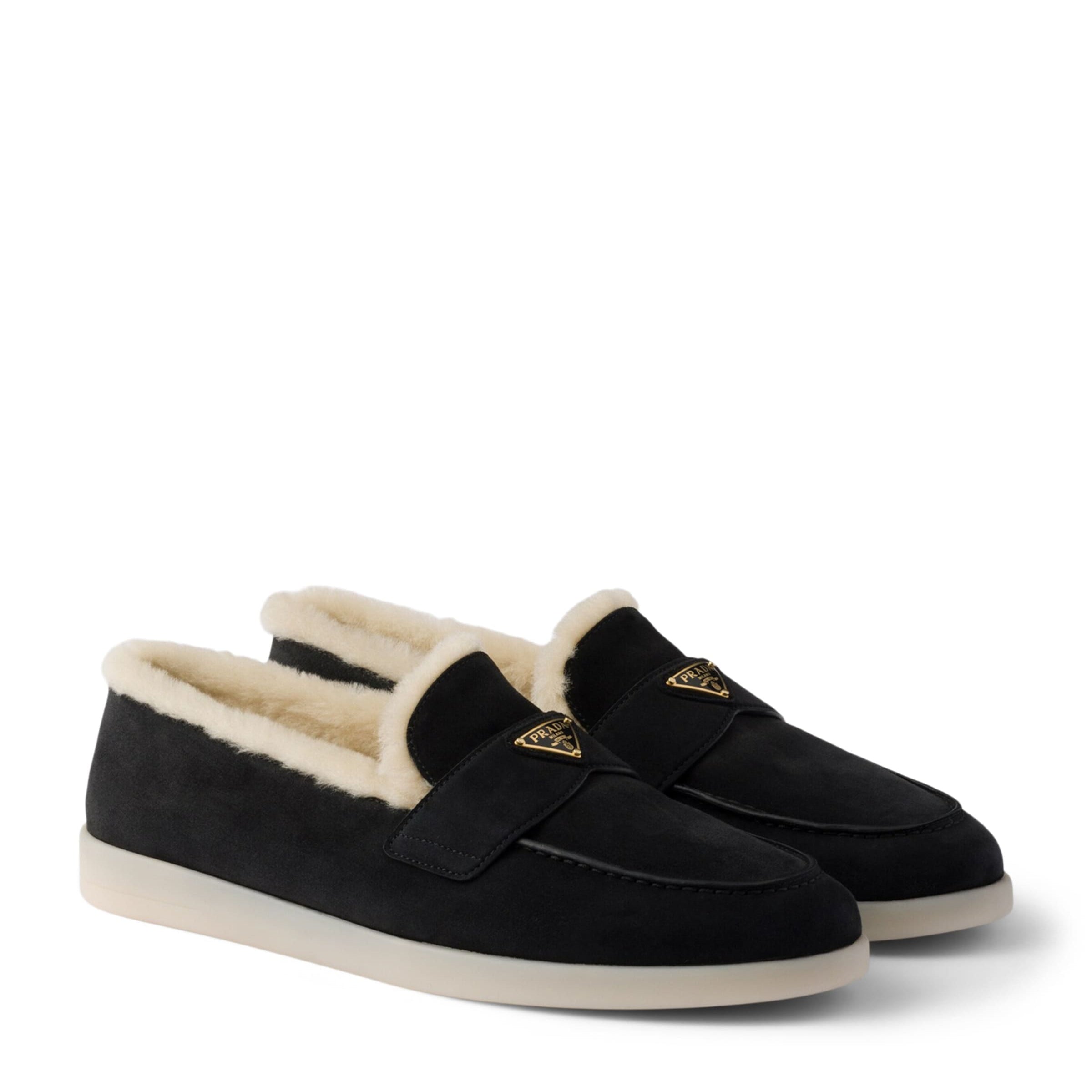 Prada Shearling-Suede Logo Loafers