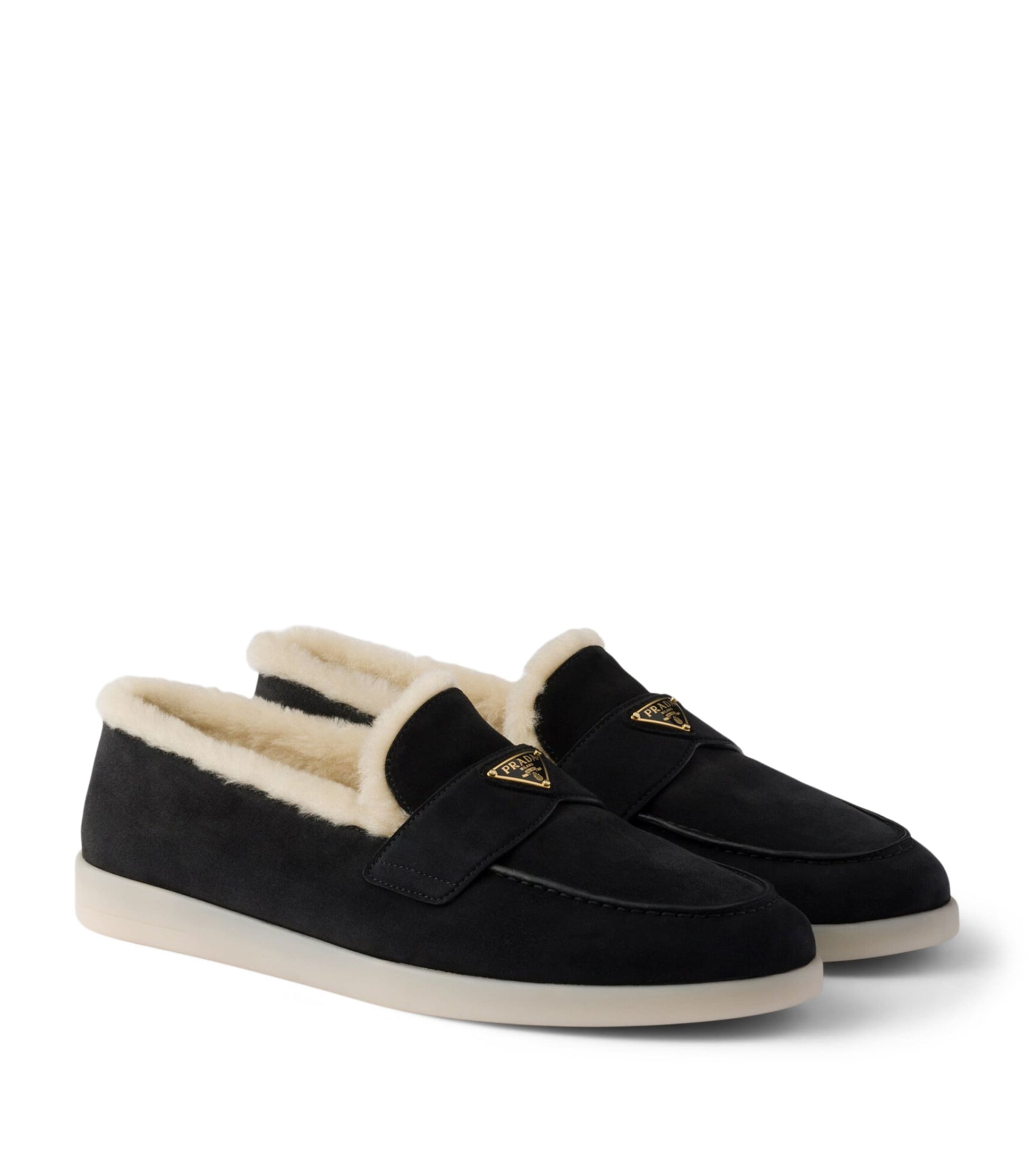Prada Shearling-Suede Logo Loafers