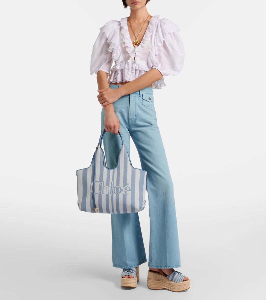 Chloé - Chloé Stripy Large logo canvas tote bag