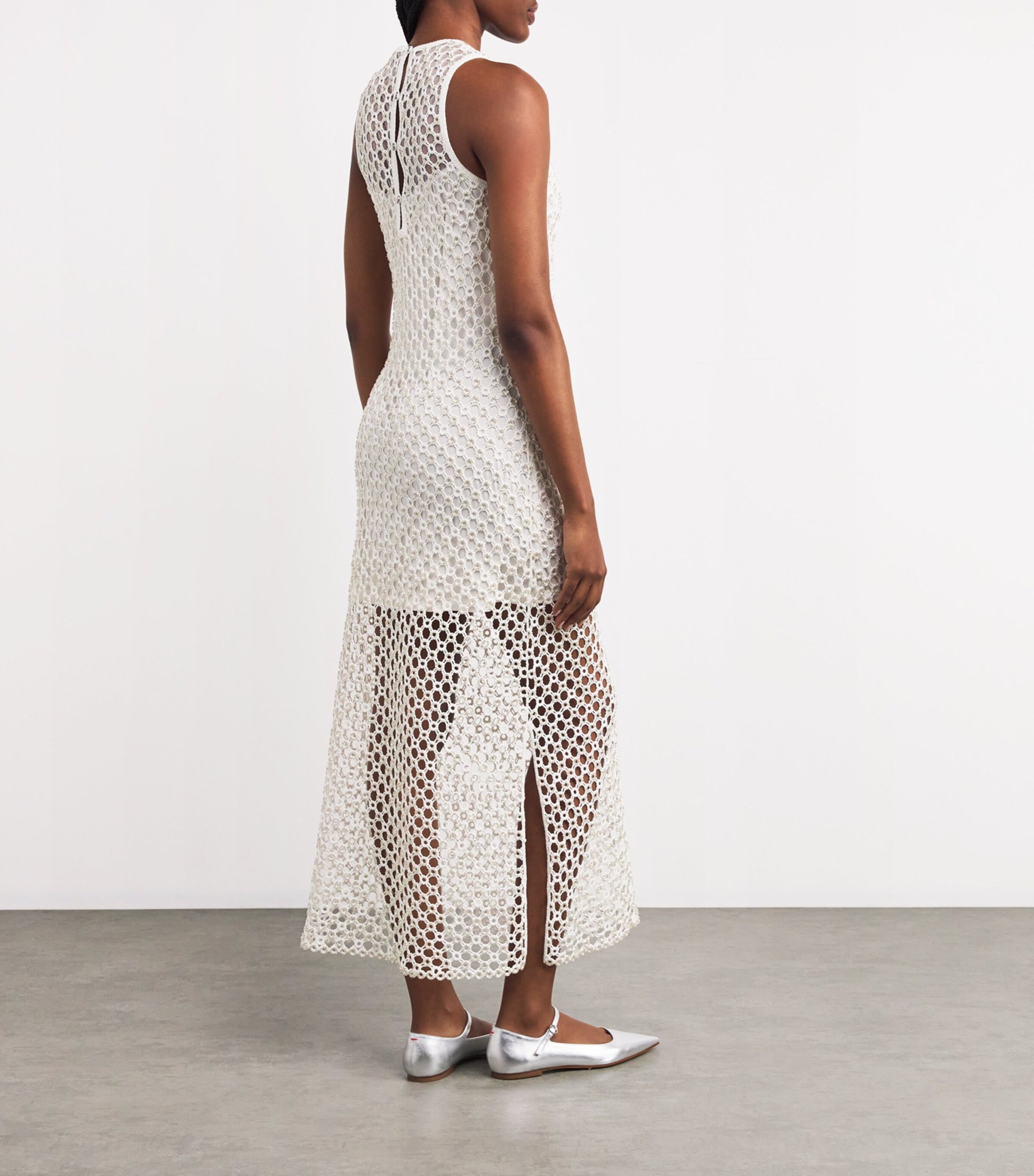 White Crochet Beaded Midi Dress