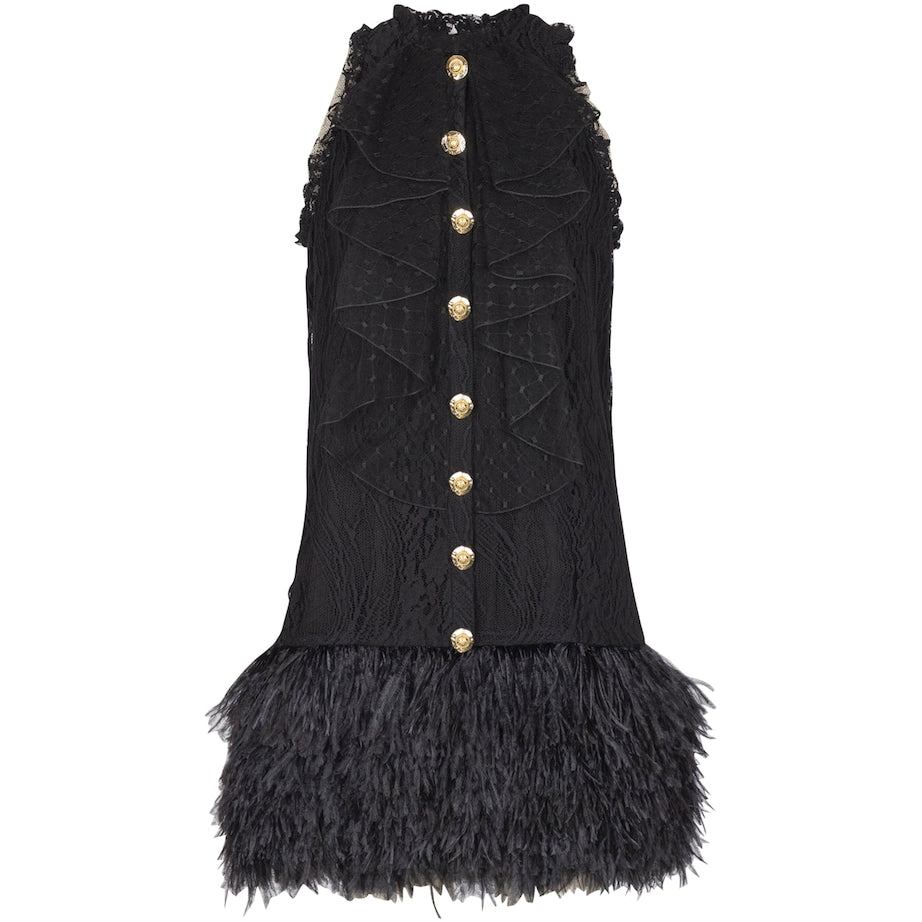 Balmain Black Cotton-Blend Lace and Feather Mini Dress