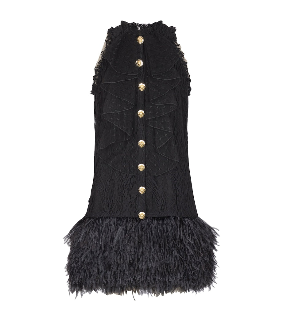 Balmain Black Cotton-Blend Lace and Feather Mini Dress