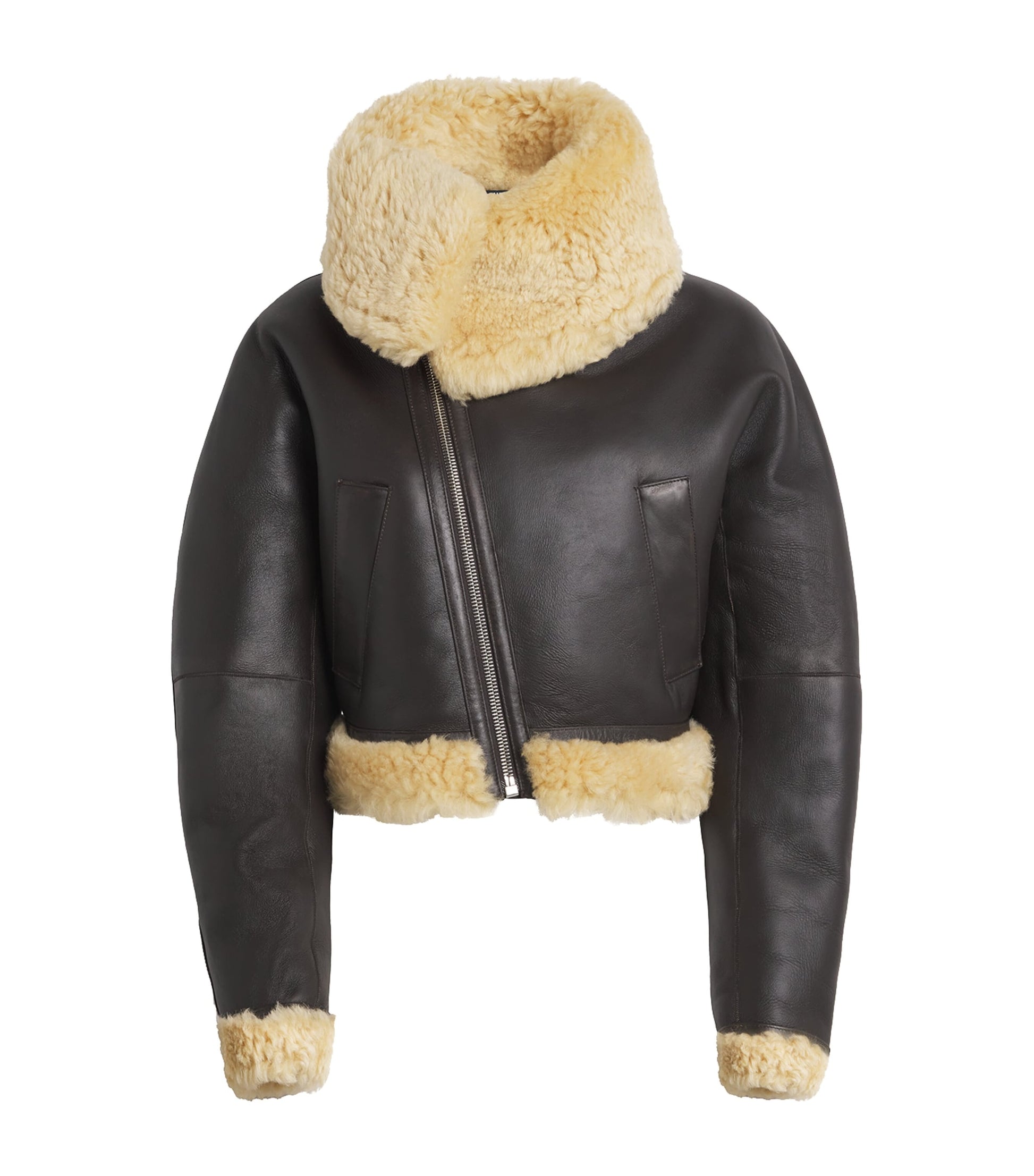 Jacquemus Brown Shearling-Trim Aviator Leather Jacket